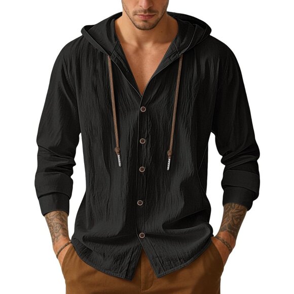 Men's Black Cotton Linen Button Down Hoodies Long Sleeve Casual Hawaiian Beach